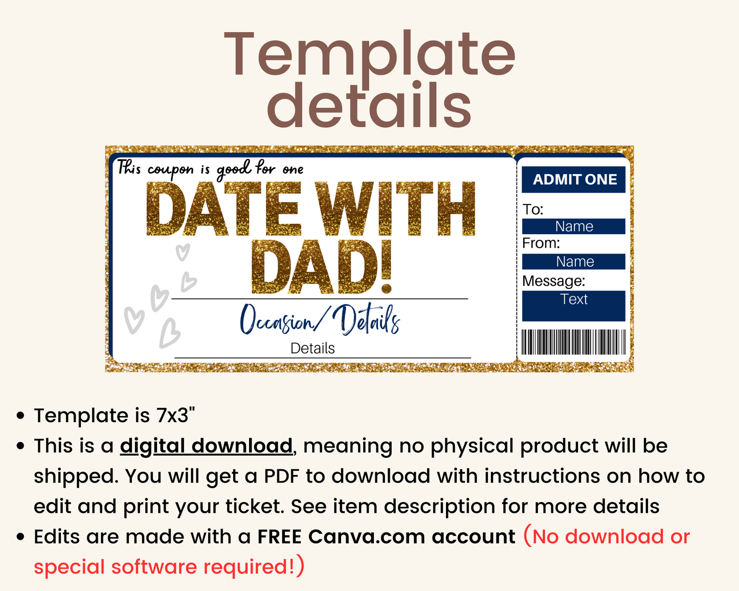 Date with Dad Gift Ticket Template