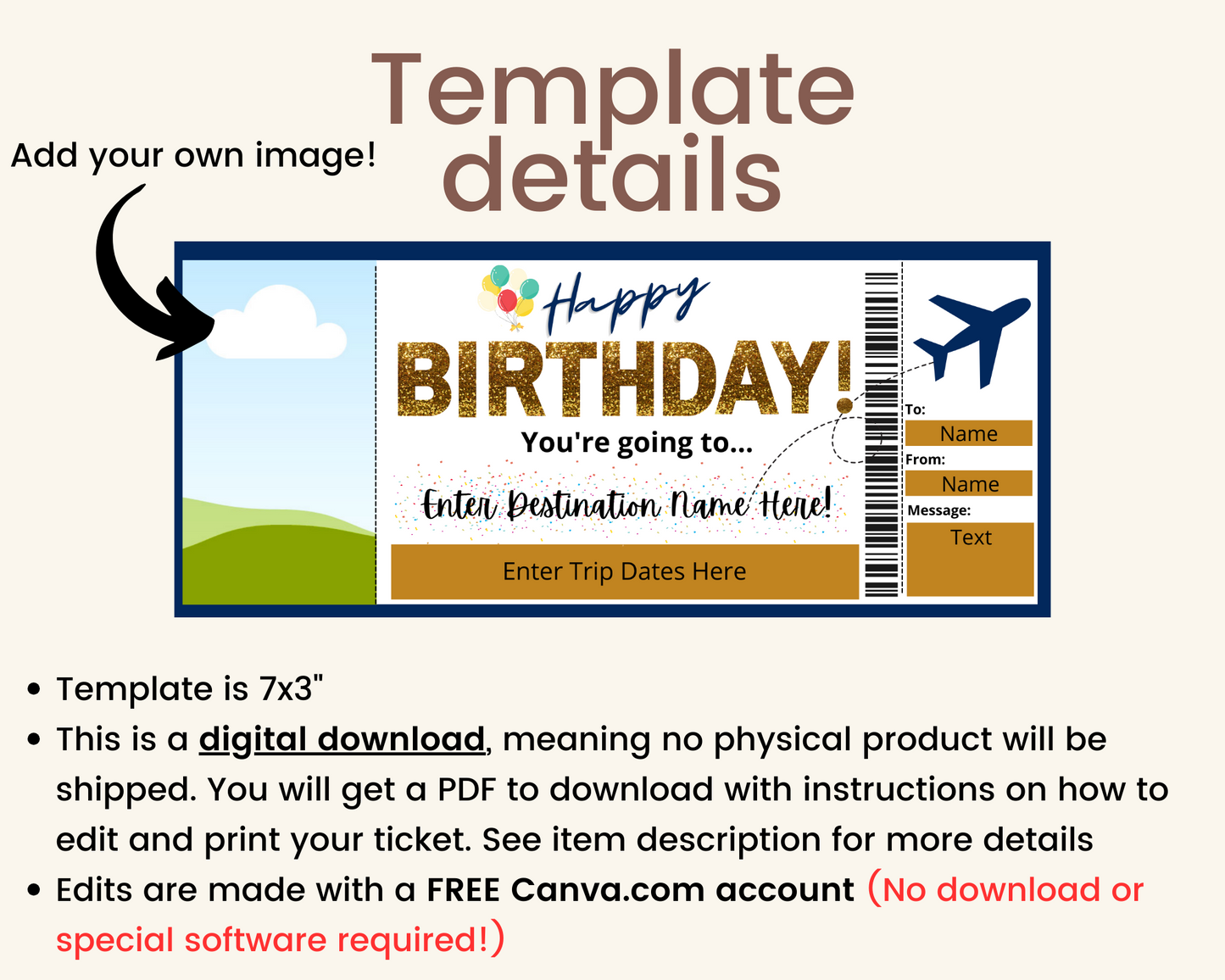 Happy Birthday Boarding Pass Template: Add your own image!