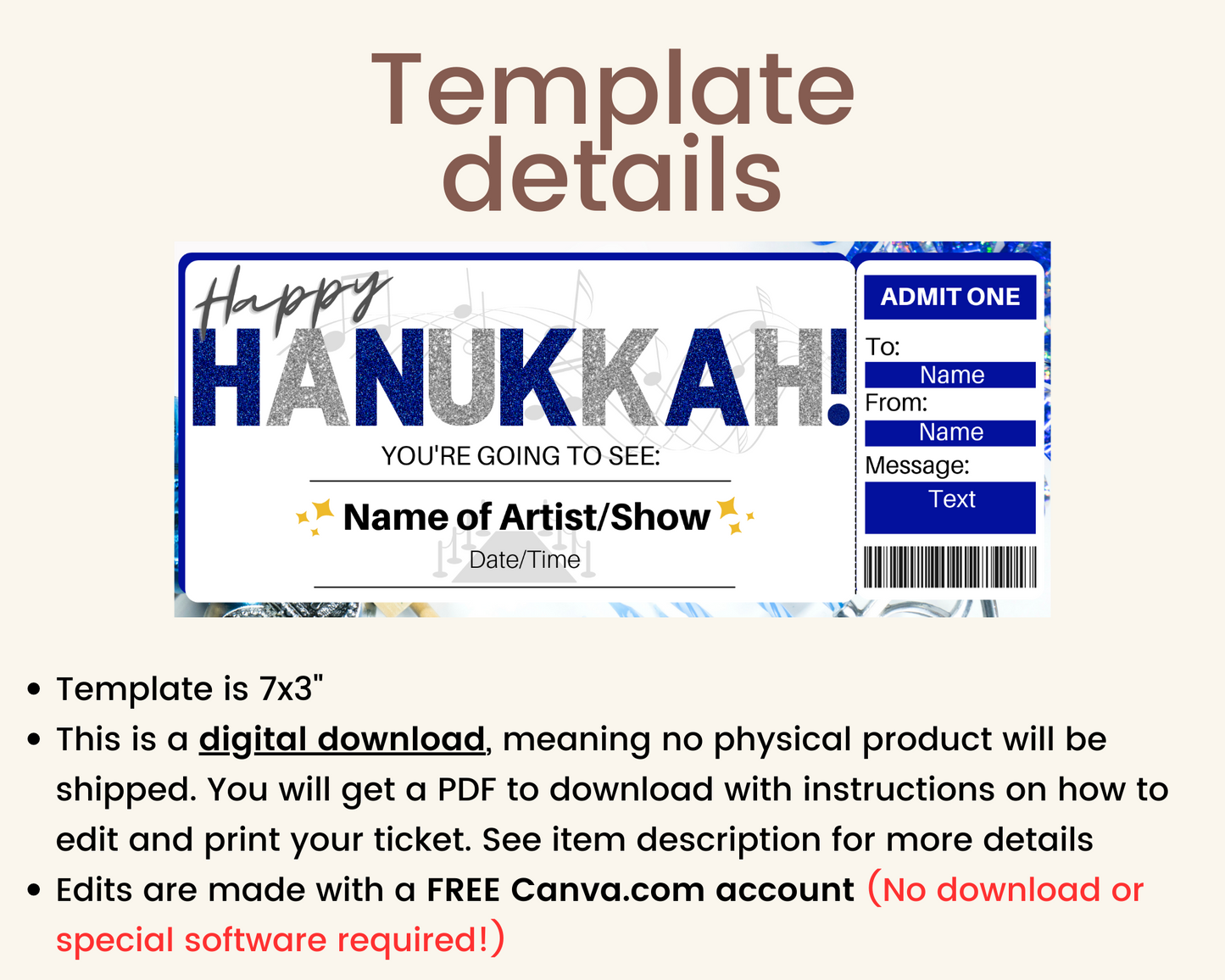 Hanukkah Concert Ticket Gift Template
