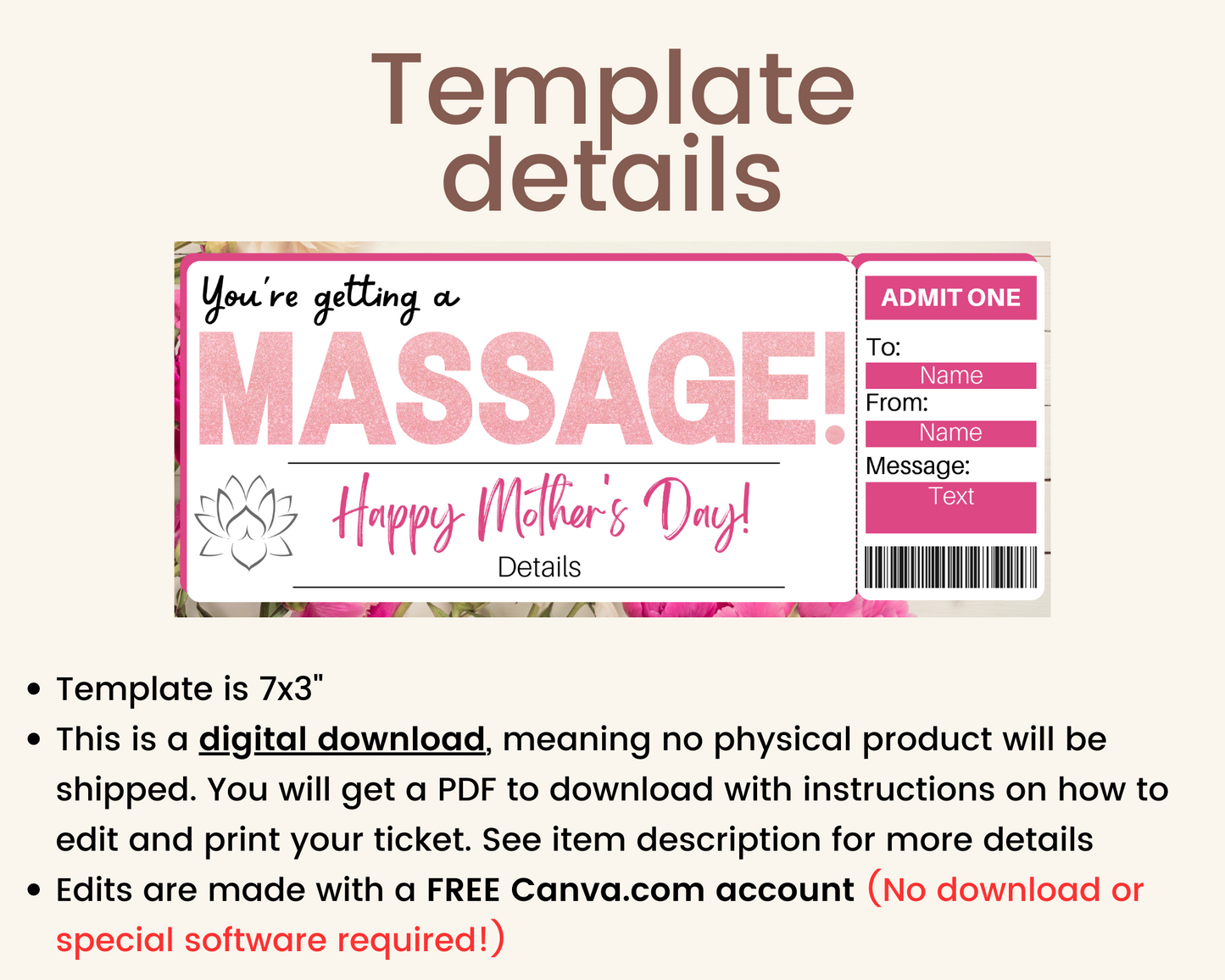 Mother's Day Massage Gift Ticket Template