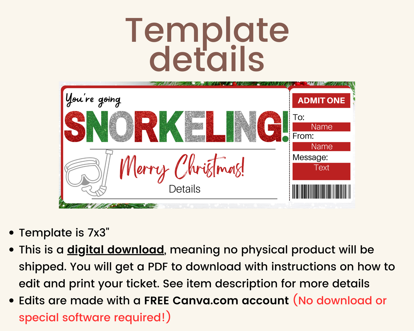 Christmas Snorkeling Gift Ticket Template