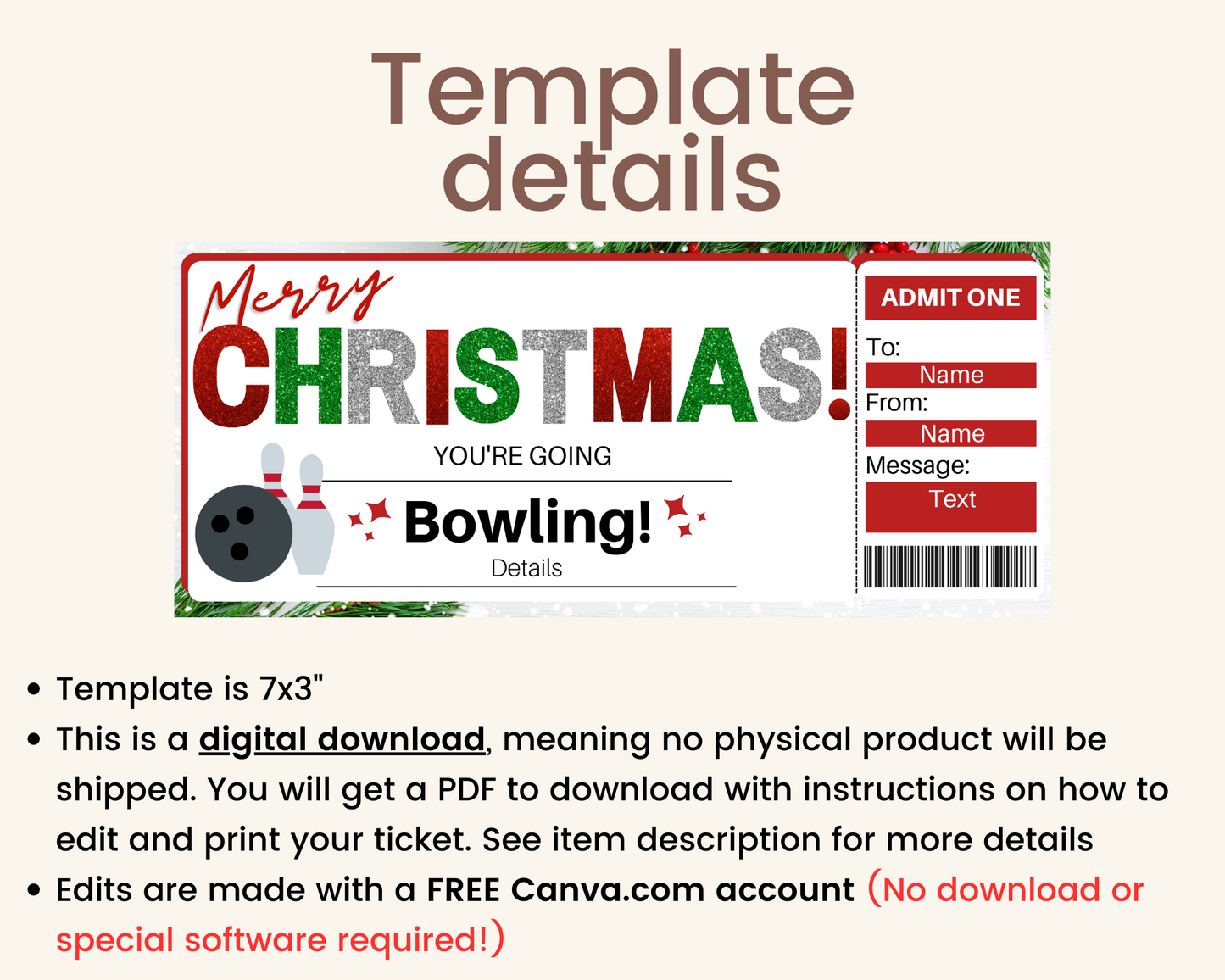 Christmas Bowling Gift Ticket Template
