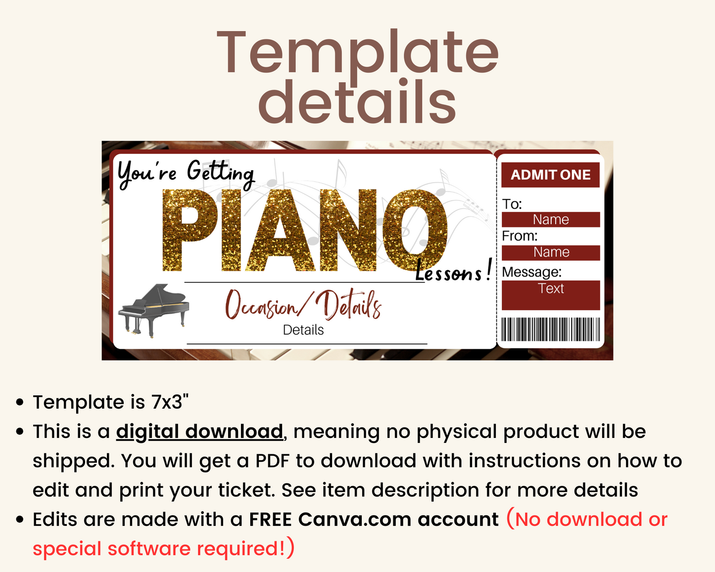 Piano Lessons Gift Certificate Template