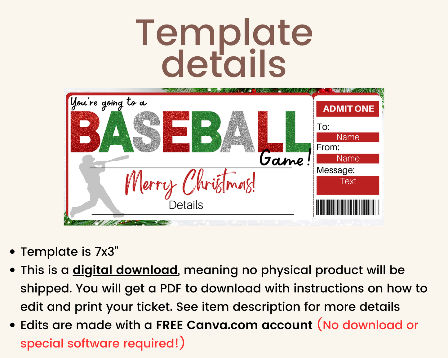 Christmas Baseball Game Gift Ticket