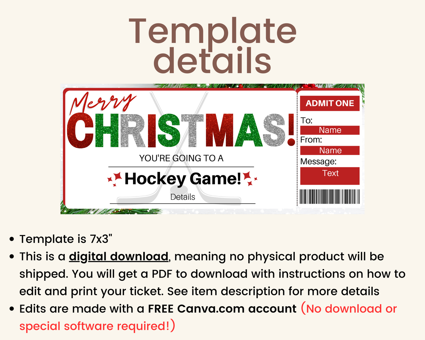 Christmas Hockey Game Ticket Template