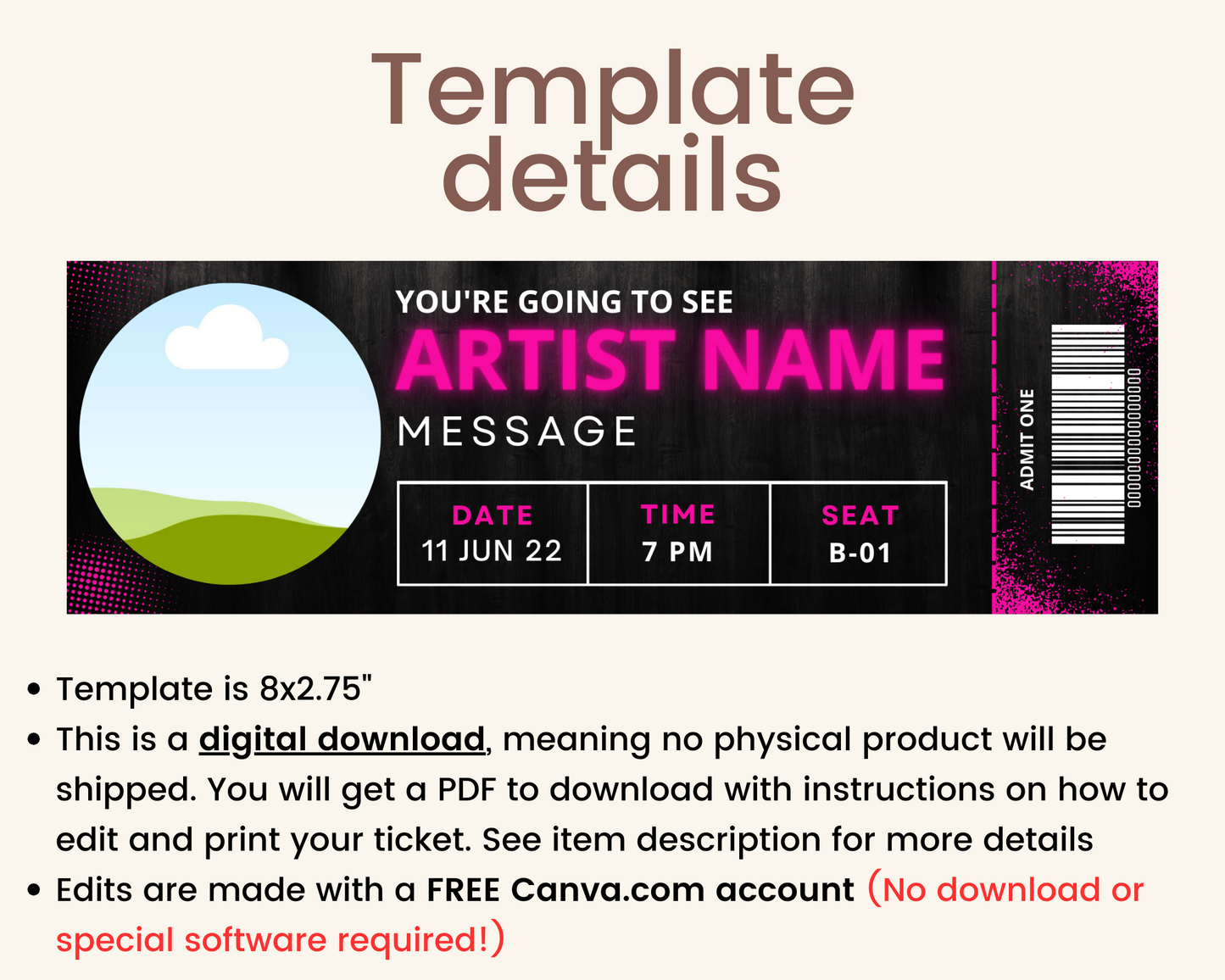 Printable Concert Ticket Template Gift