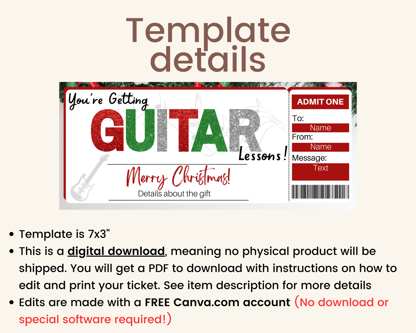 Christmas Guitar Lessons Gift Ticket Template