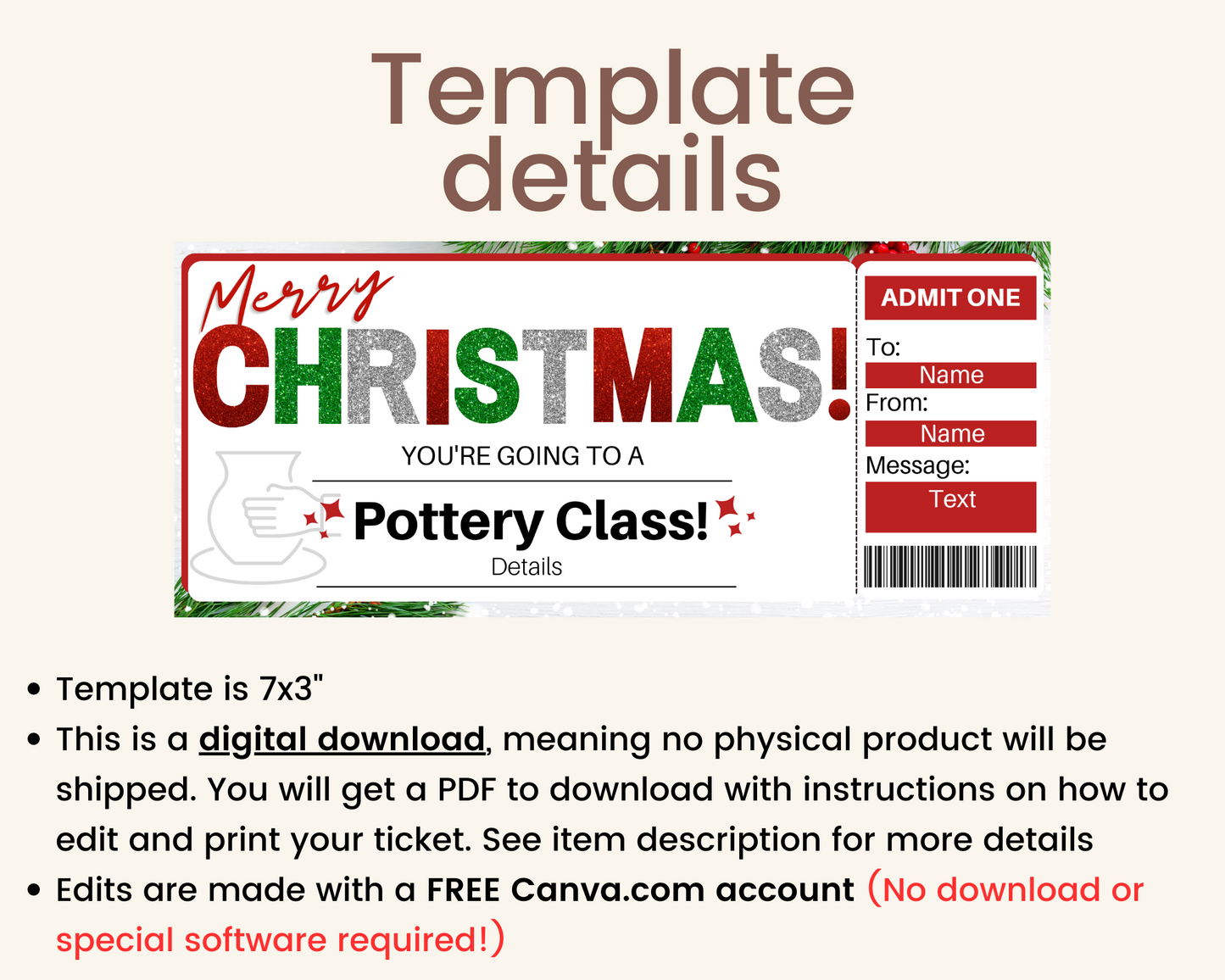 Christmas Pottery Class Gift Certificate Template