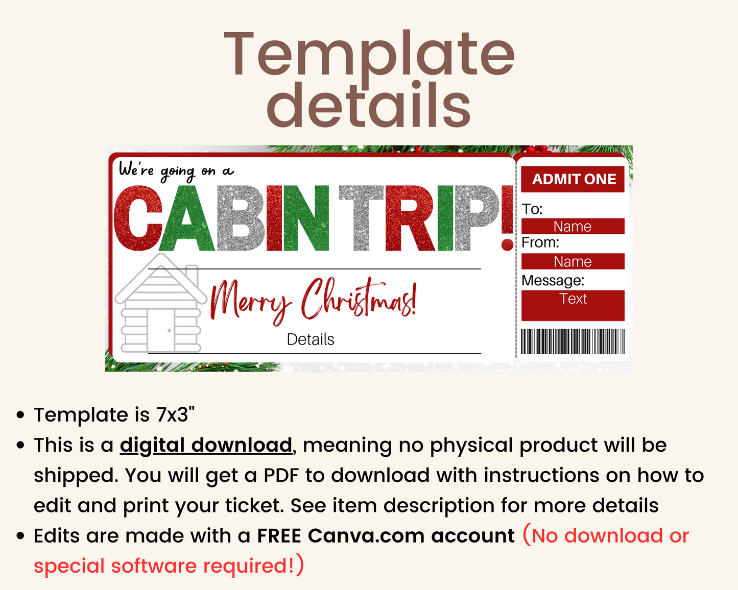 Christmas Cabin Trip Gift Ticket Template