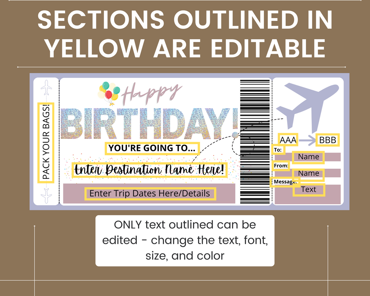 Birthday Surprise Flight Gift Ticket Template – Printed Smile Shop
