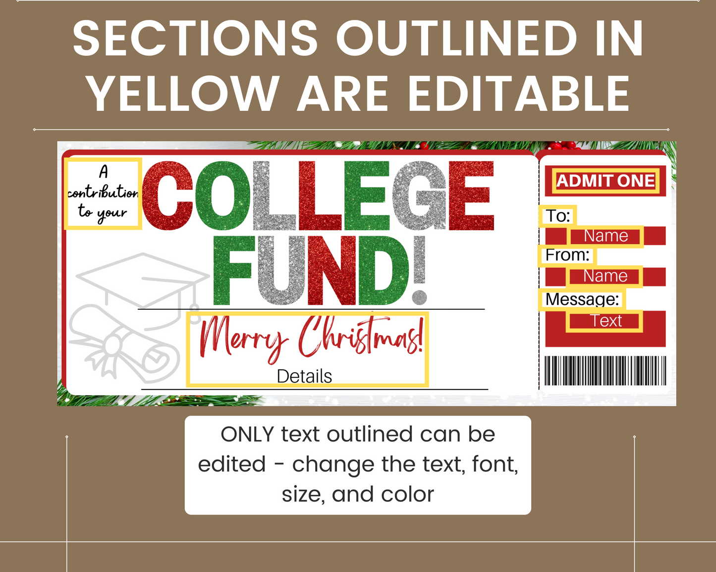 Christmas College Fund Gift Ticket Template