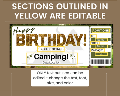 Birthday Camping Gift Ticket Template