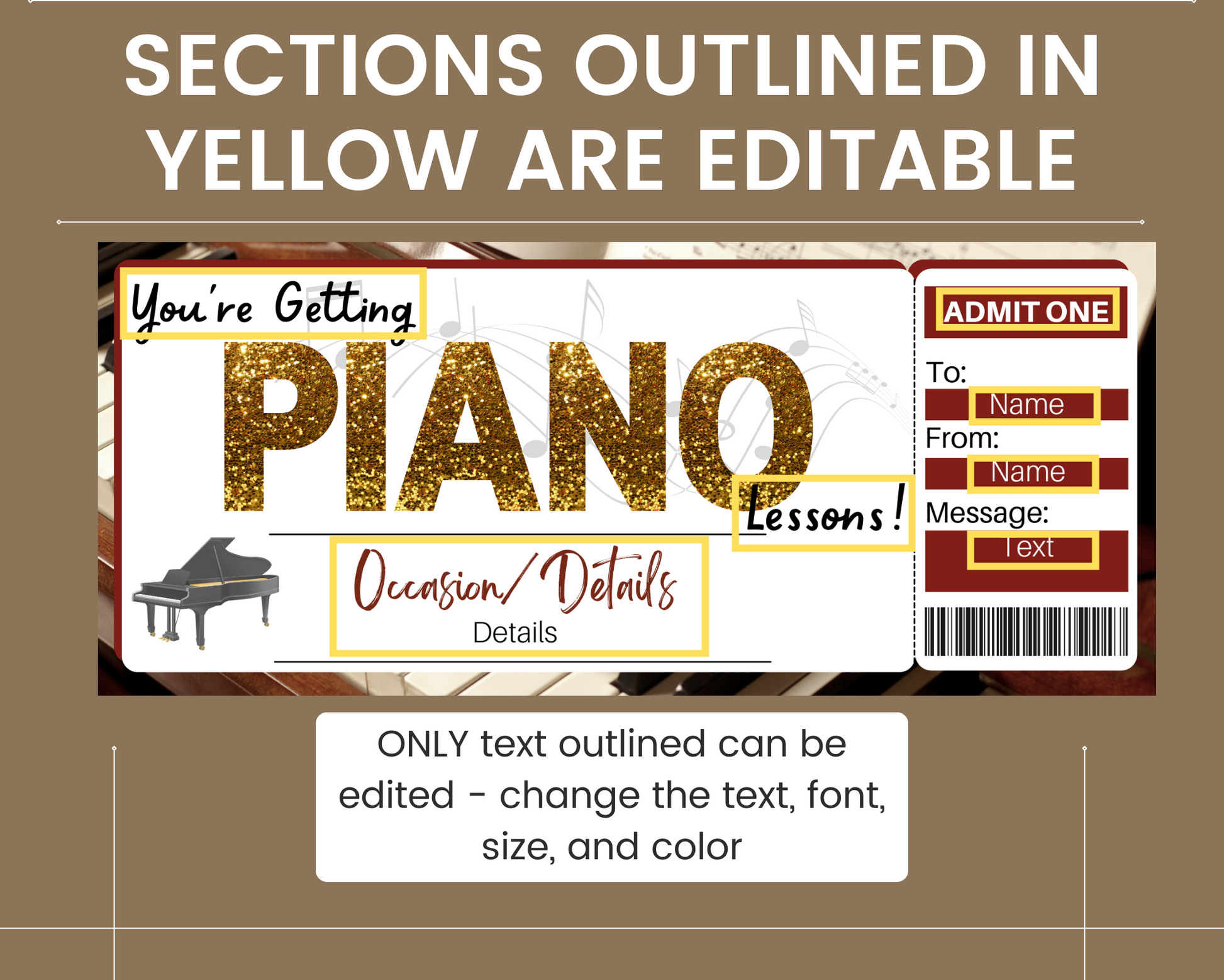 Piano Lessons Gift Certificate Template Printed Smile Shop