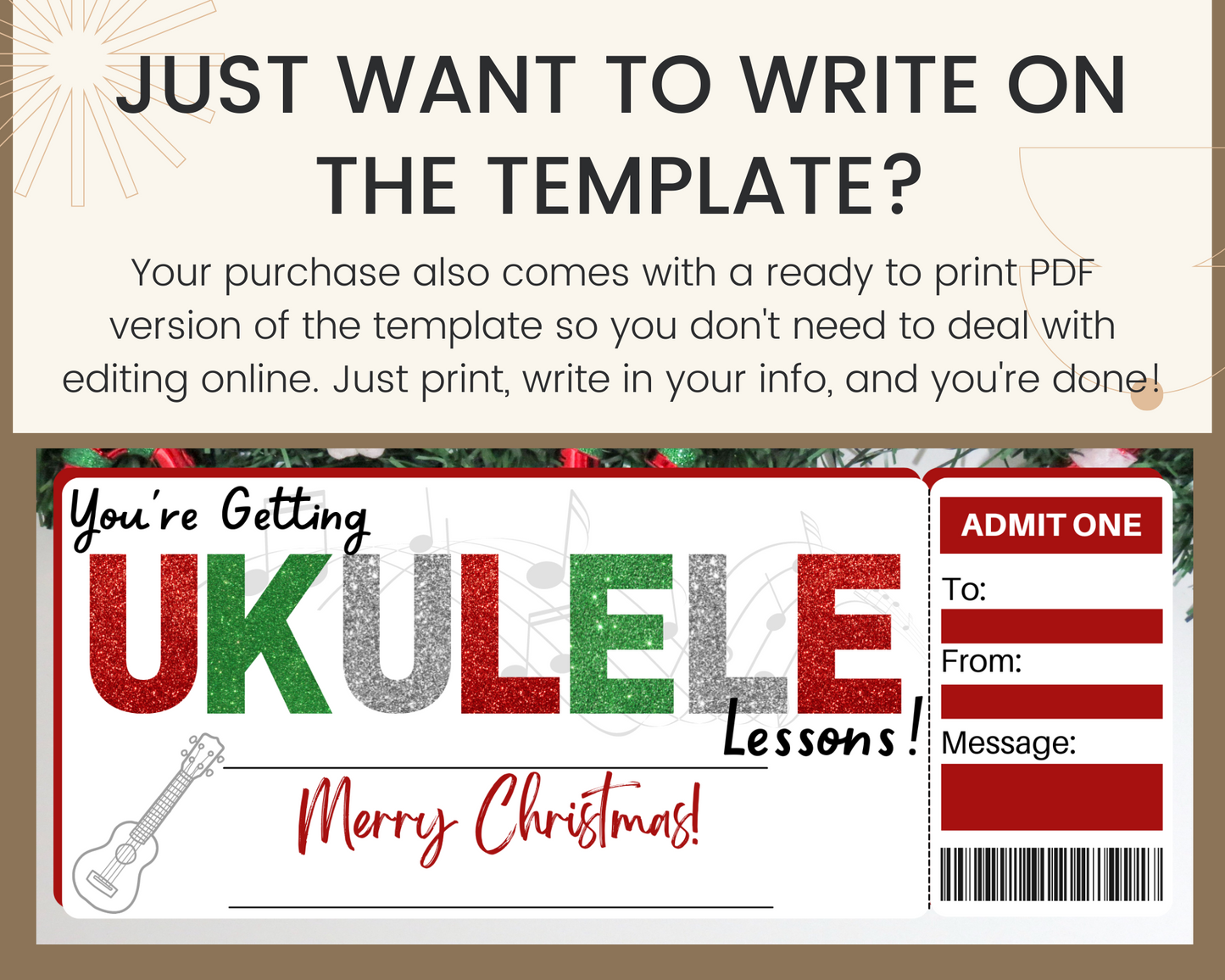 Christmas Ukulele Lessons Gift Ticket Template
