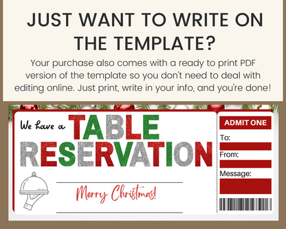 Christmas Table Reservation Gift Ticket