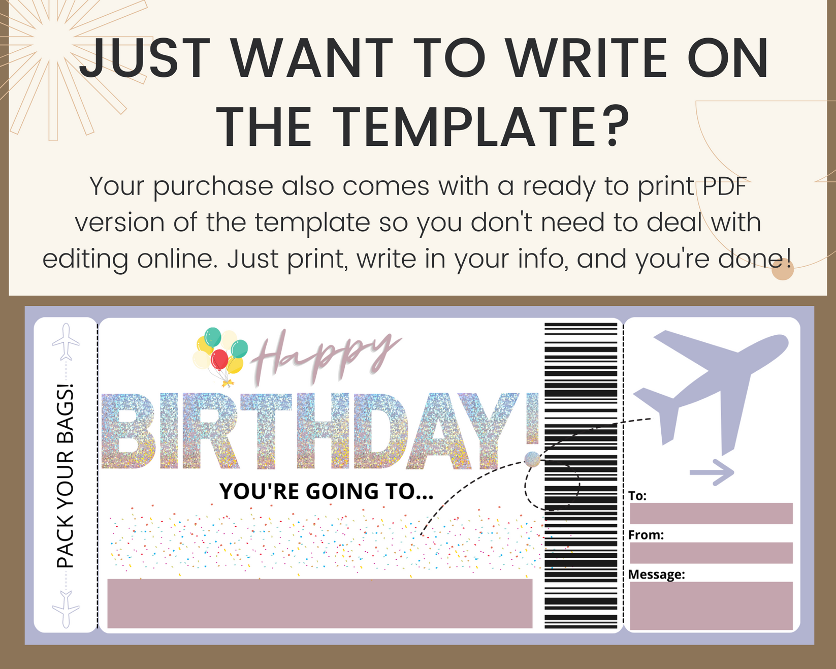 Birthday Surprise Flight Gift Ticket Template – Printed Smile Shop