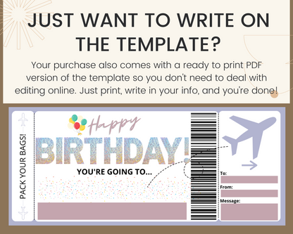 Birthday Surprise Flight Gift Ticket Template