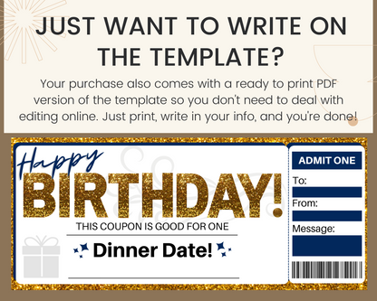 Birthday Dinner Date Gift Ticket Template