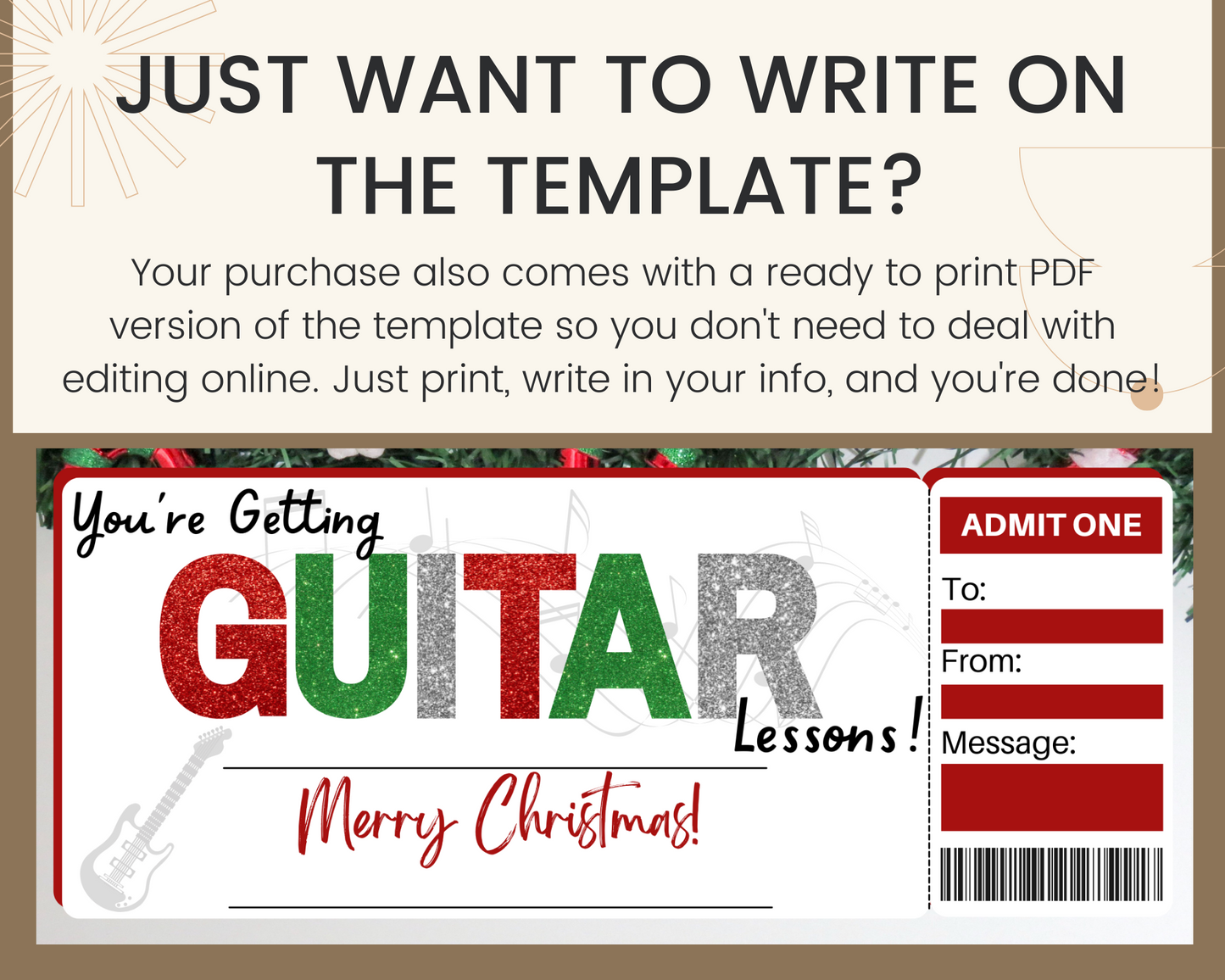 Christmas Guitar Lessons Gift Ticket Template