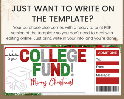 Christmas College Fund Gift Ticket Template