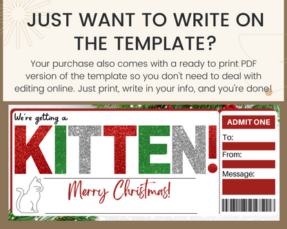 Christmas Kitten Gift Ticket Template
