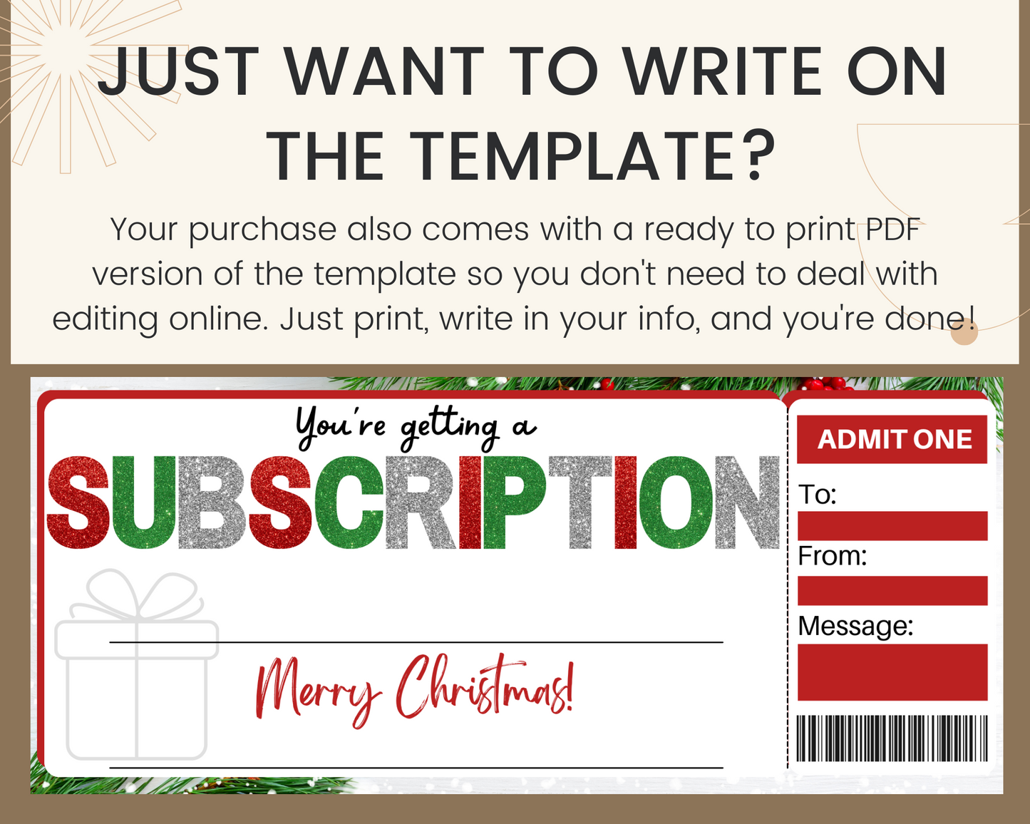Christmas Subscription Gift Ticket Template