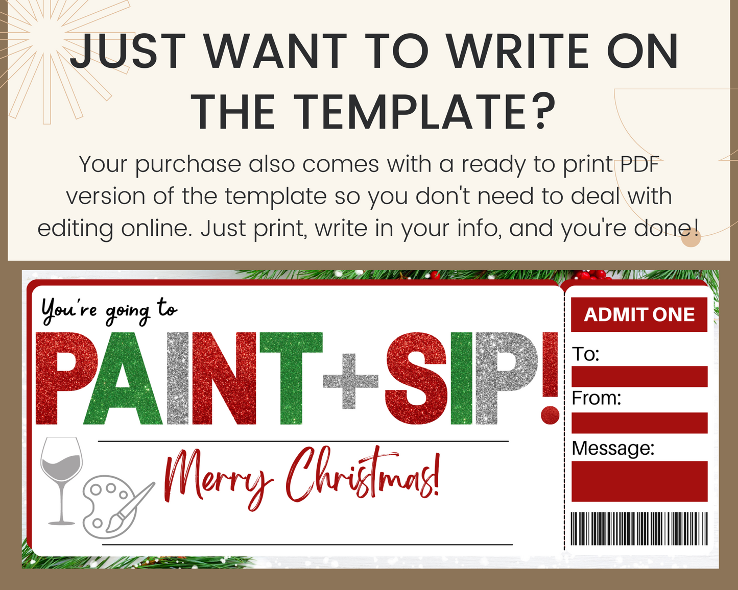 Christmas Paint and Sip Gift Ticket Template