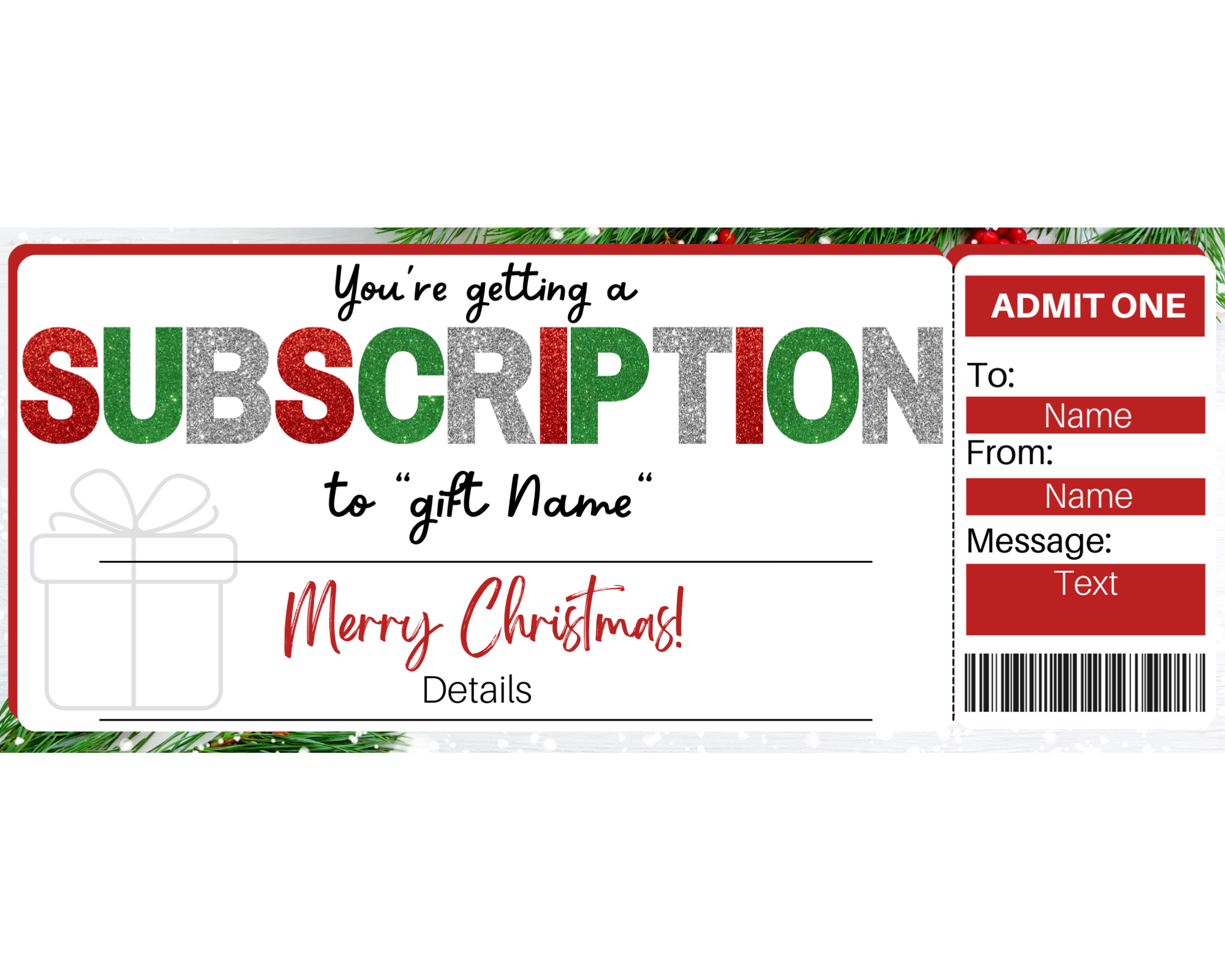 Christmas Subscription Gift Ticket Template – Printed Smile Shop