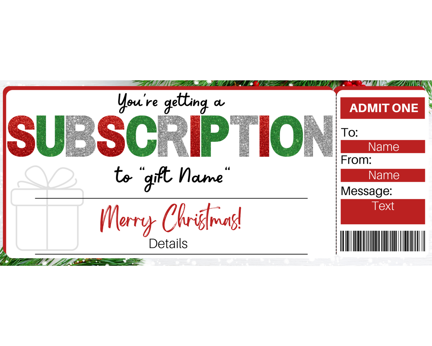 Christmas Subscription Gift Ticket Template