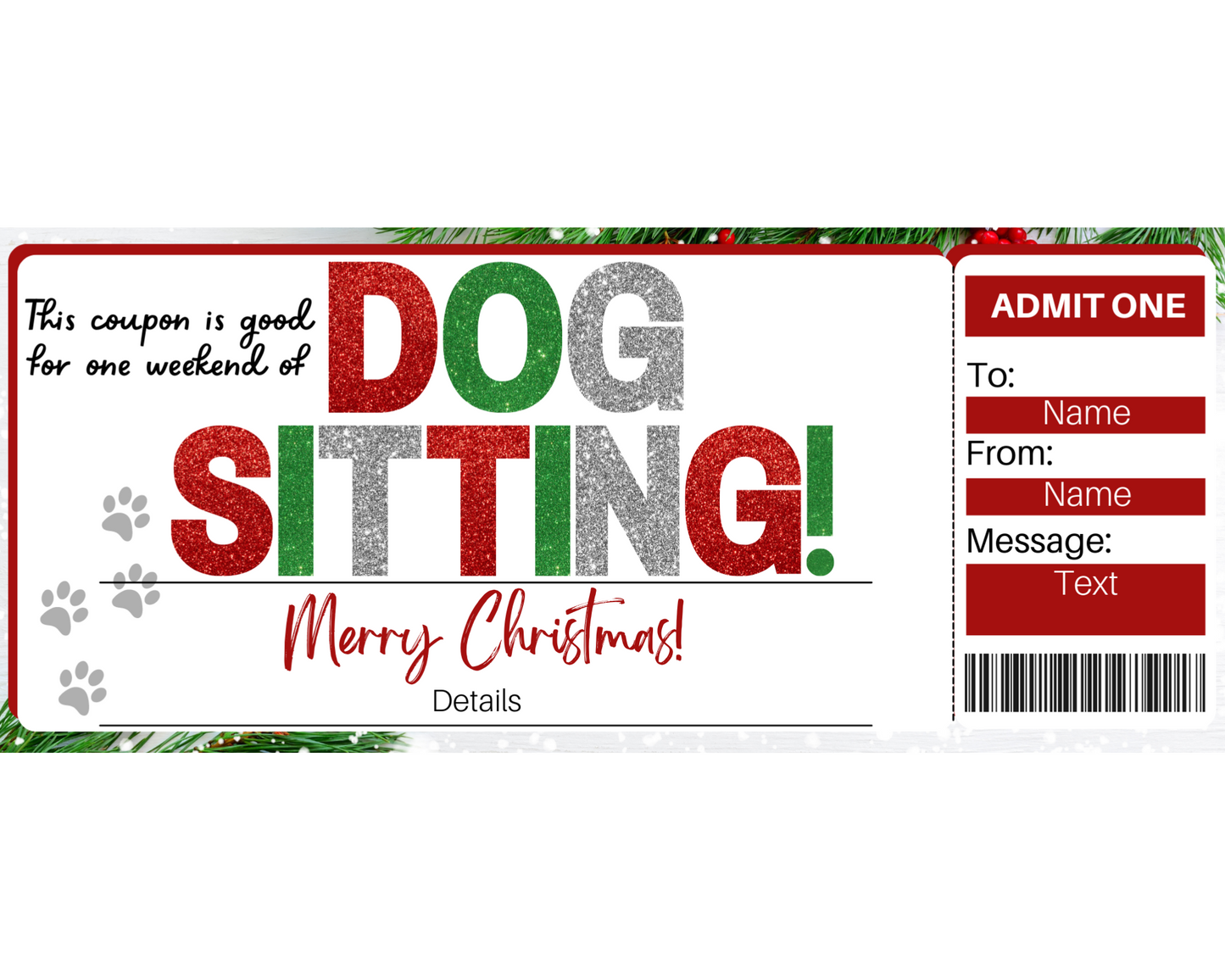 Christmas Dog Sitting Gift Ticket