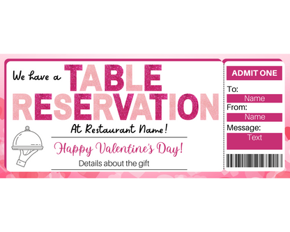 Valentine's Day Table Reservation Gift Ticket Template