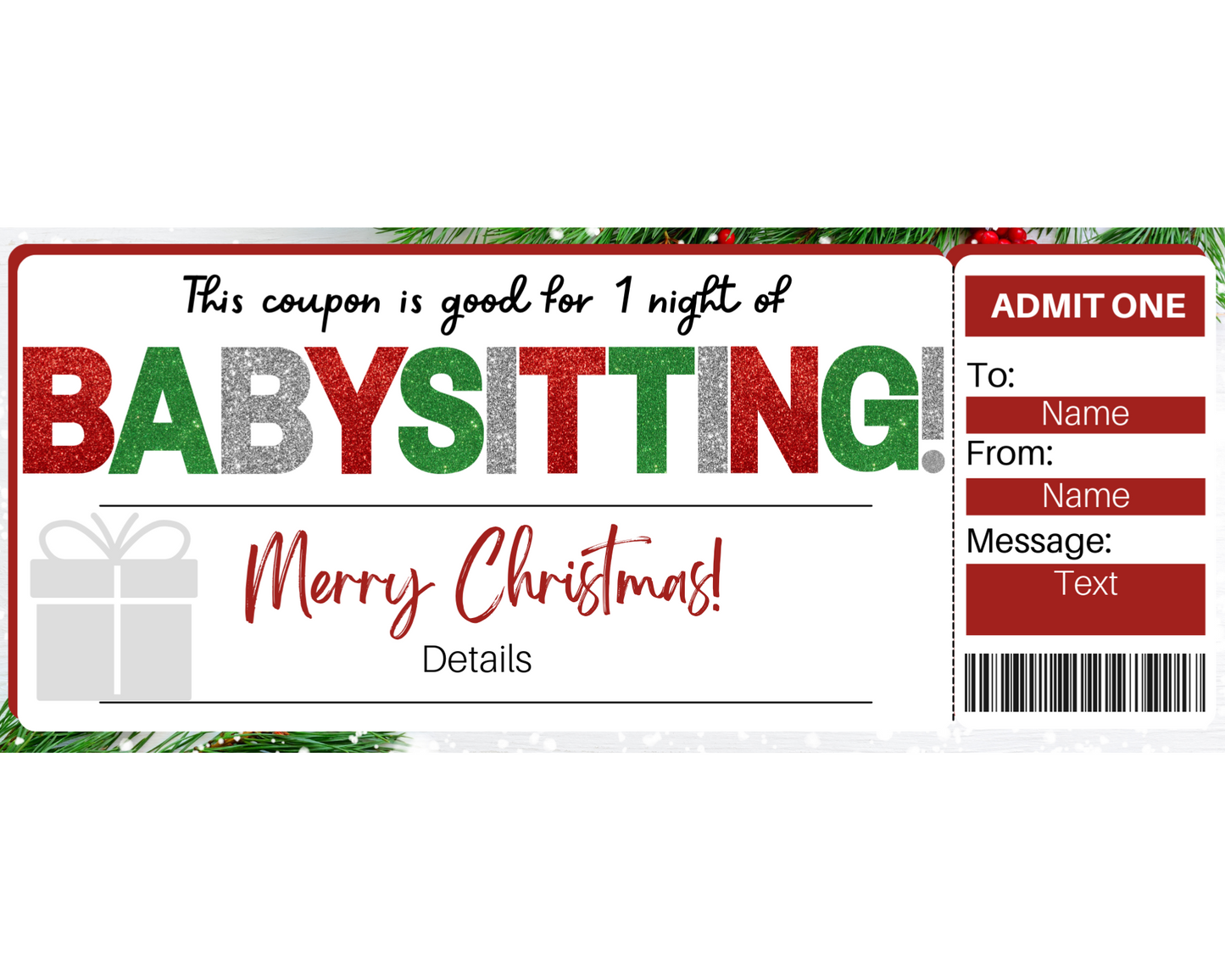 Christmas Babysitting Gift Ticket