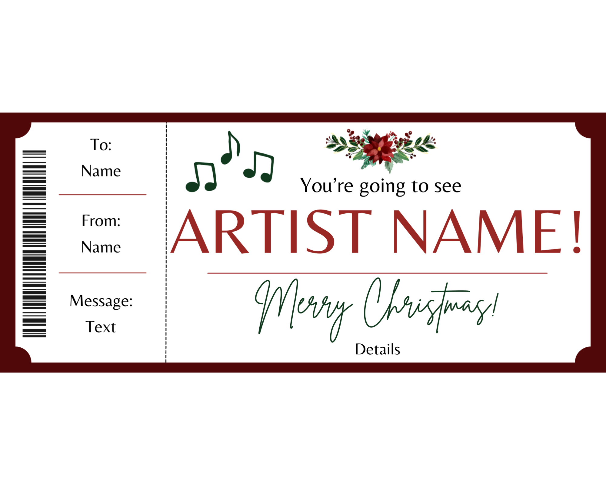 Christmas Concert Ticket Gift Template Printed Smile Shop